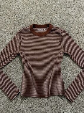Vintage 2000s Striped Long-Sleeve Crewneck Top in Brown